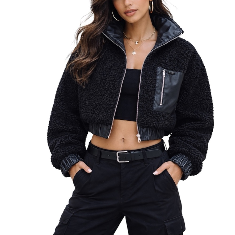 Blank NYC Faux Leather Shearling  Bomber Jacket Black Cropped Zip Trim Size XS